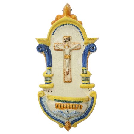 Acquasantiera in maiolica di Caltagirone policroma, 20° secolo
