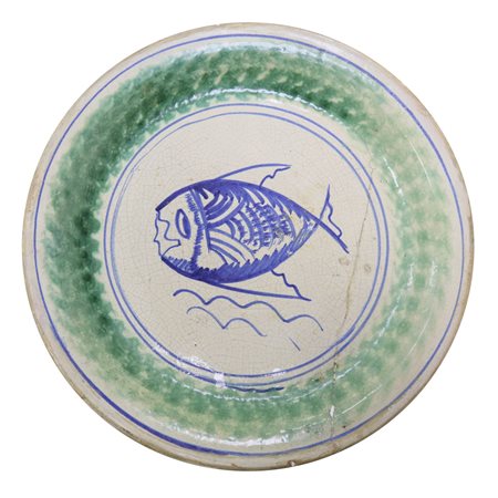 Piatto in maiolica di Caltagirone circonferenza spugnata verde, First half of the 20° secolo