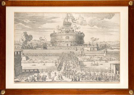 Giovanni Battista Falda (1643 - 1678) 
Veduta del Castello, e Ponte Sant'Angelo, abbellito, et adornato con le statue degli angeli da Papa Clemente IX 
 