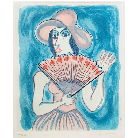 Giuseppe Migneco (Messina  1903-Milano  1997)  - Donna che saluta con cappello e ventaglio