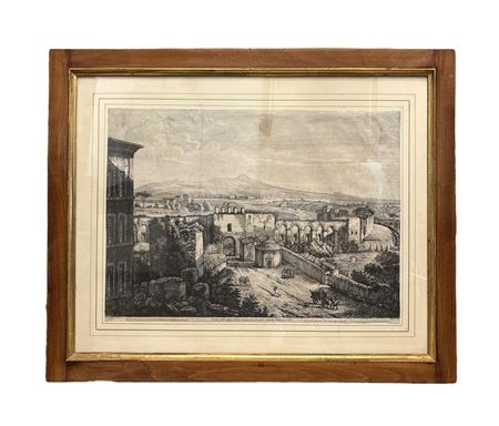 Luigi Rossini (1790 - 1857) Veduta dell'antica Porta Latina, con elementi...