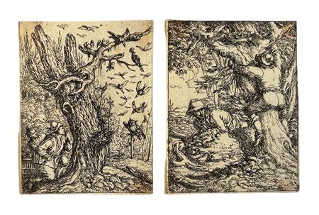 Jonas Umbach (1624 - 1693) Paesaggio con stormo di uccelli e figure;...