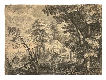 Aegidius II Sadeler (1570 - 1629) Paesaggio boschivo con ponte di legno...