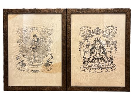 Coppia di stampe thailandesi su carta di riso XX sec. 45 x 33 cm con cornice...
