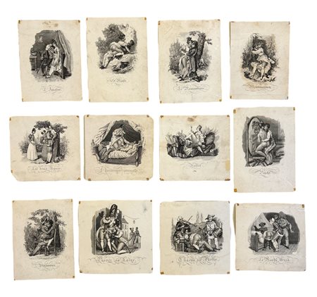 Serie di 12 piccole scene erotiche Francia - XIX secolo stampa su carta...