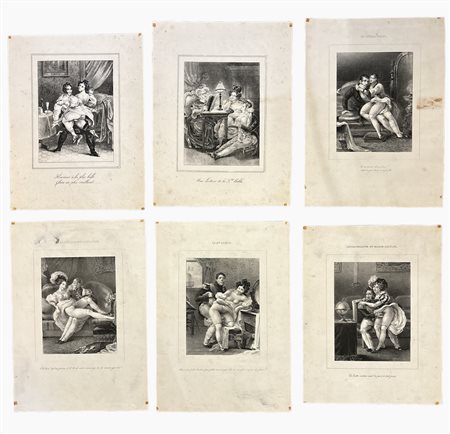 Set di 6 stampe erotiche XIX secolo stampa su carta 227 x 176 mm (foglio)...
