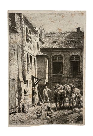 Charles Emile Jacque (1813 - 1894) Une Cour à Paris en 1865 incisione su...