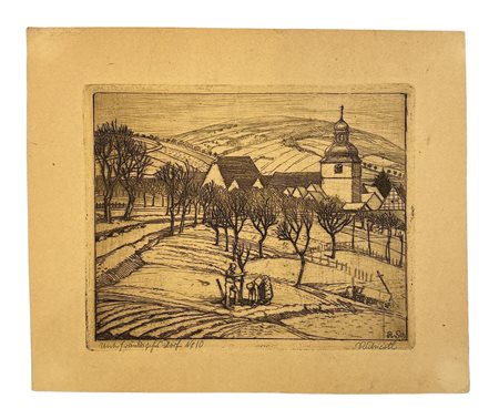 Rudolf Schiestl (1879 - 1931) Scorcio di paese con figure acquaforte su carta...