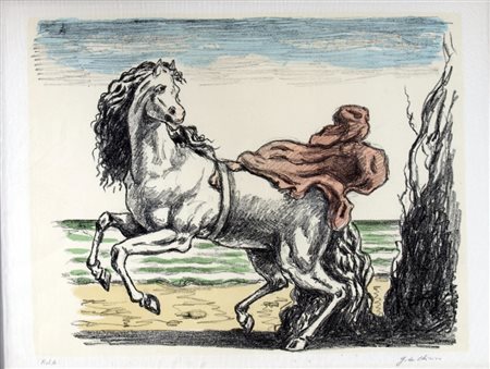 DE CHIRICO GIORGIO (Volos 1888 - Roma 1978) "Cavallo con drappo" Litografia a...
