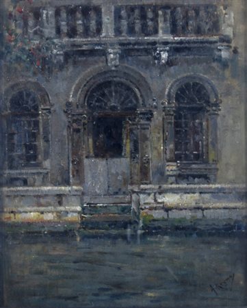 REJNA ANTONIO "Palazzo a ridosso del fiume" Olio su cartone telato cm. H:...