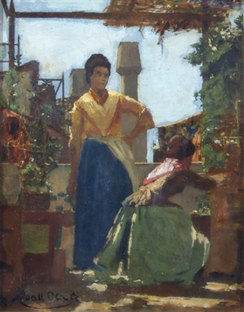 DALL'OCA BIANCA ANGELO "Donne in giardino" Olio su tavola cm. H: 19.50 L:...