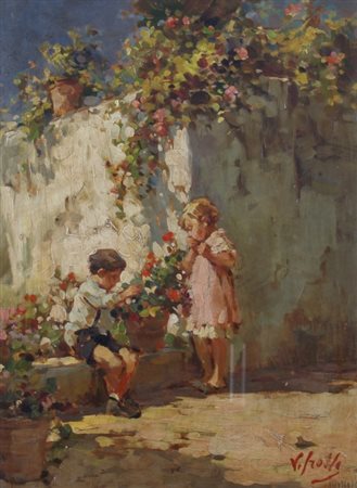 IROLLI VINCENZO (Napoli 1860 - Napoli 1949) "Bambini in giardino" Olio su...