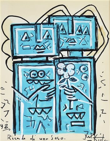 Ibrahim Kodra RICORDO DI UNA SERA, 1998 tecnica mista su cartoncino, cm 30x25...