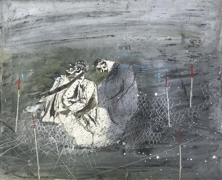 Giuseppe Banchieri FIGURE NEL PAESAGGIO, 1968 olio su tela, cm 50x60 sul...