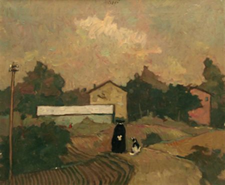 CAFFE' Nino (Alfedena 1909 - Pesaro 1975) Prete con cane, 1969 olio su tela...