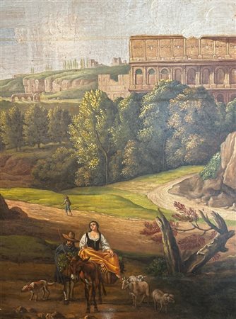 Hendrik Frans van Lint (neimodi_di) (1684 - 1763) 
Paesaggio romano con Colosseo e viandanti XIX secolo
olio su tela  54 x 68cm