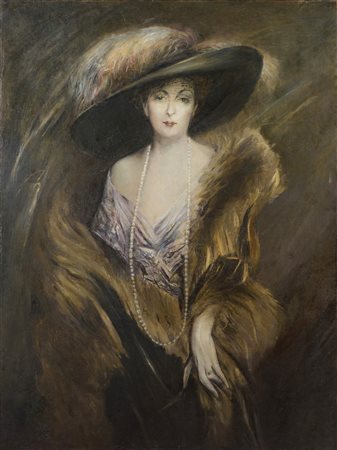 Giovanni Boldini (maniera di) (Ferrara, 1842 - Parigi, 1931) 
Ritratto con cappello di Josefina Alvear de Errazuriz inizi del XX secolo
olio su tela 120 x 90 cm
