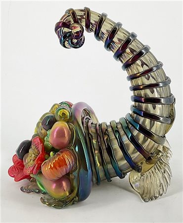 Manifattura di Murano Cornucopia con foglie e frutti in vetro policromo. Seconda