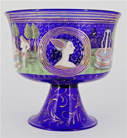 Salviati Coppa ispirata alla "Coppa Barovier" in vetro soffiato blu trasparente