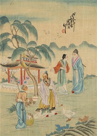 Sette dipinti su seta raffiguranti scene varie 
Cina, secolo XX
(cm 25,5x36,5)