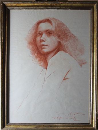 Firma indecifrata "Ritratto femminile" 1974, sangugna su carta (cm 61x45) firma