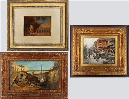 Lotto composto da tre dipinti ad olio su diversi supporti, di diversi autori, m