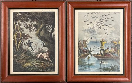 Lotto composto da 2 stampe a colori con soggetti di caccia
(mm 340x240 circa)
i