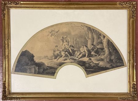 Artista del secolo XVIII. Pagina di ventaglio ad acquerello su carta raffiguran