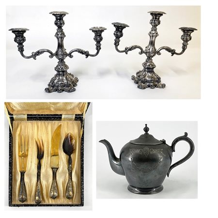 Lotto composto da coppia di candelabri a tre fiamme, un'antica teiera e un set