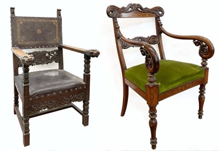 Lotto composto da due diverse poltrone in legno intagliato, secolo XIX (difetti