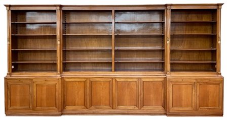 Grande libreria a due corpi di gusto Impero, parte inferiore a otto ante pannel