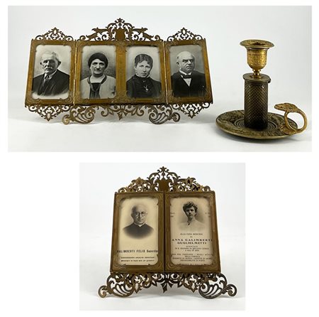 Lotto composto da un'antica bugia in metallo dorato e un portafoto d'appoggio p