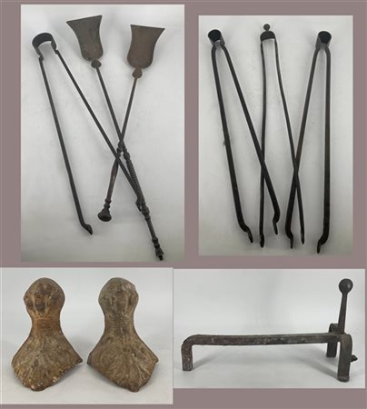 Cassetta contenente diversi alari e strumenti da camino in bronzo e altri metal