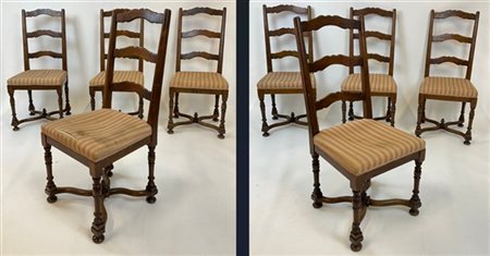 Gruppo di otto sedie in noce con schienale a tripla cartella sagomata e gambe t