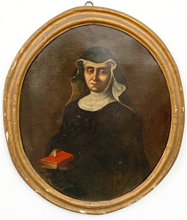 Scuola del secolo XVIII "Ritratto di suora con libro e rosario" Olio su tela ov