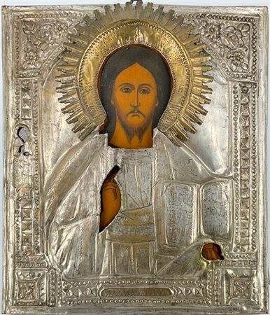 Arte russa, secolo XX. Cristo della Deesis, icona a tempera su tavola con riza