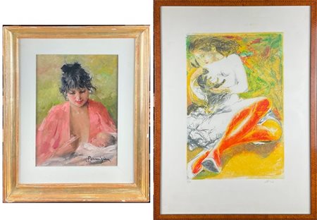 Lotto composto da un olio su tela di Aldo Parmigiani raffigurante giovane madre