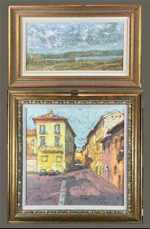 Lotto composto da due oli su tela raffiguranti il lago di Sartirana e scorcio d