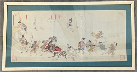 Lotto di tre scroll Emaki su carta raffiguranti scene animate e di battaglia, i