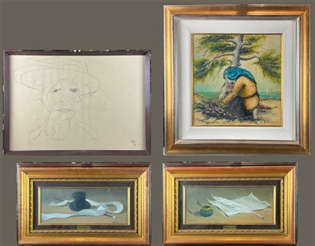 Lotto composto da due oli su cartone telato raffiguranti nature morte e firmati