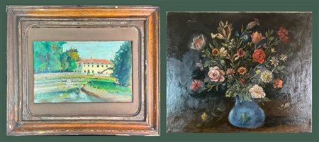 Lotto composto da due dipinti, uno raffigurante paesaggio, olio su compensato,