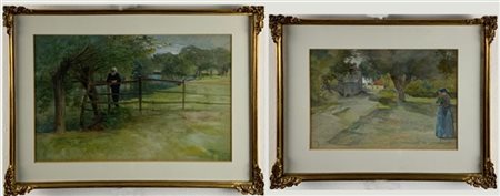 Luigi Chialiva Coppia di acquerelli su carta raffiguranti "Figure in paesaggi bo