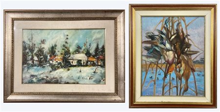 Lotto composto da un olio su tela su compensato raffigurante cacciagione di Gia