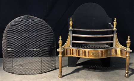 Portalegna da camino in metallo e ottone con parascintille in rete matallica (c