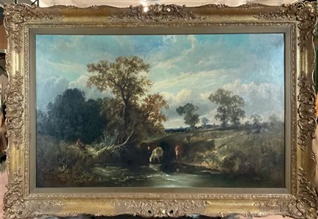 Scuola inglese del secolo XIX

"Paesaggio fluviale con pastori e armenti" 
olio