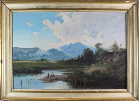 Firma indecifrata "Paesaggio lacustre con figure" 1873
olio su tela (cm 48x71,5