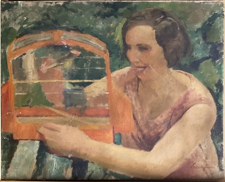 Cesare Breveglieri "Donna con canarino" 
olio su tela (cm 45x55)
firmato in bass