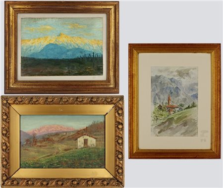 Lotto composto da tre dipinti di inizio secolo XX raffiguranti "Paesaggi montan