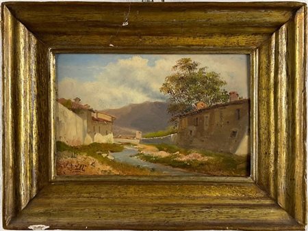 Giovanni Battista Lelli "Paesaggio fluviale", olio su cartone (cm 14,5x23) firma