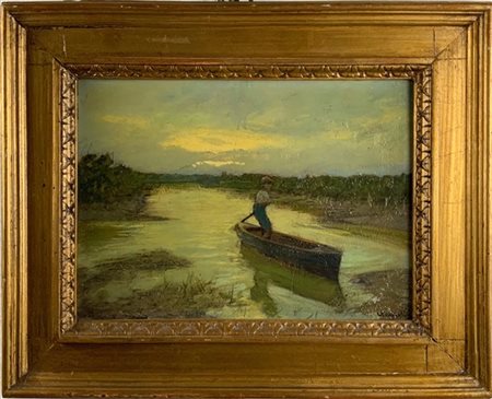 Carlo Passigli "Barcaiolo sul fiume" 
olio su compensato (cm 26,5x36)
firmato in